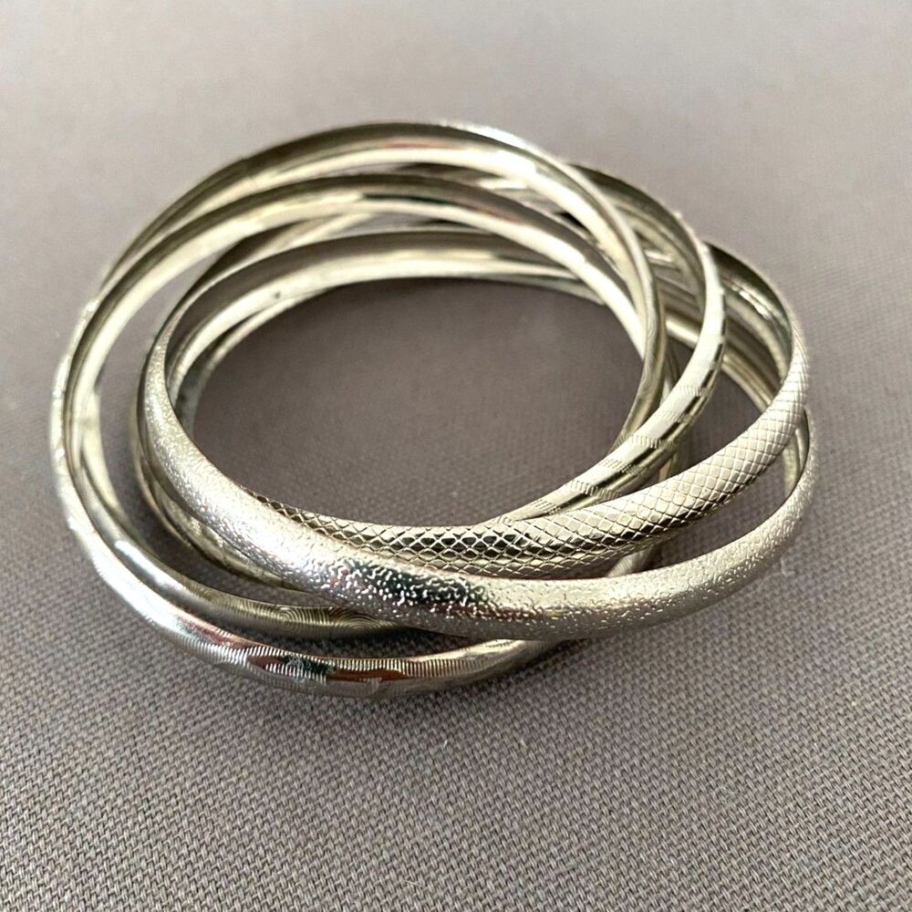 Set of 5 Silver Toned Textured Intertwined Twist Bangle Bracelets Boho Jewelry